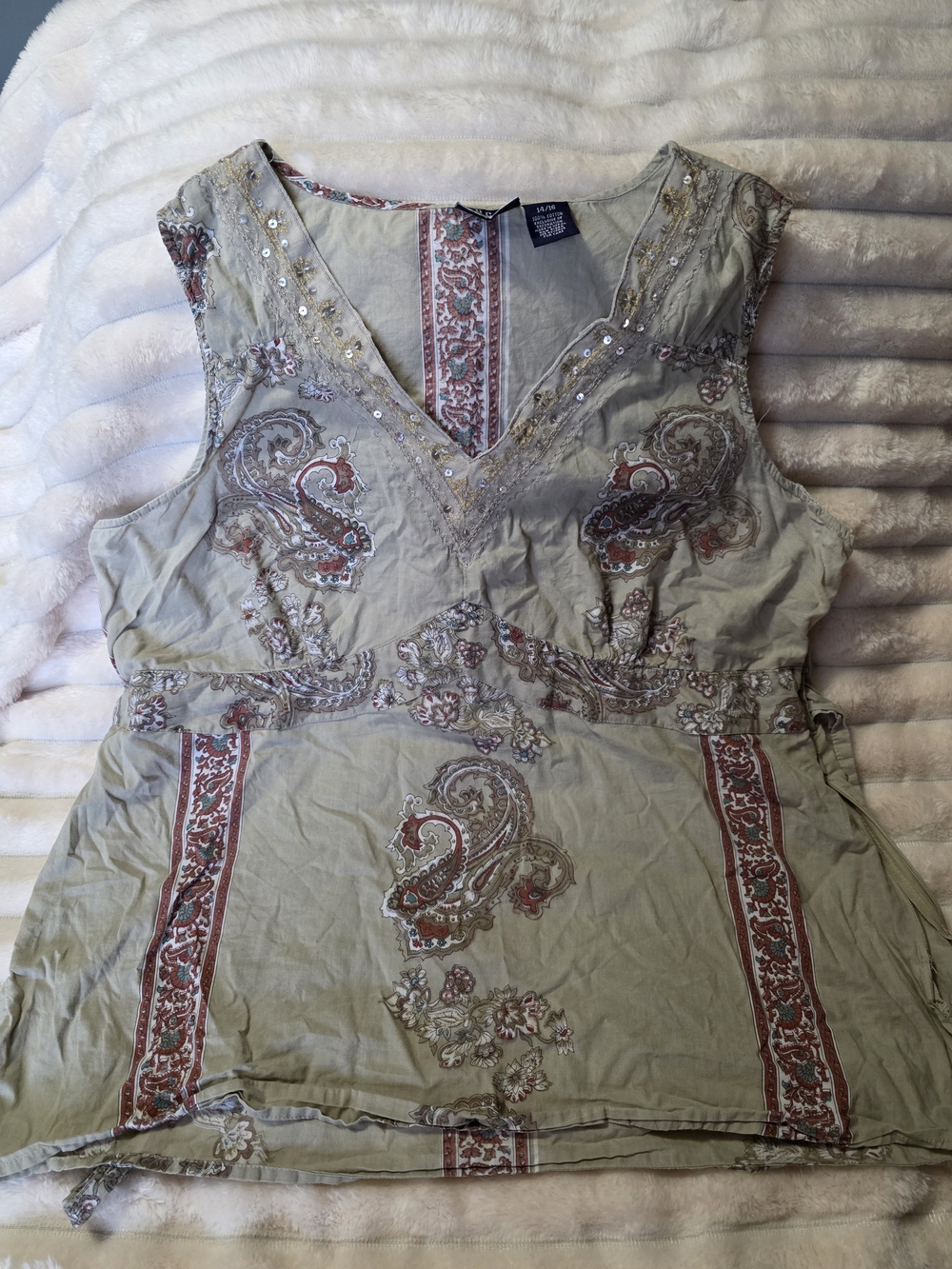 Embroidered V-Neck Women's Tank Top - Tan with Rust Paisley